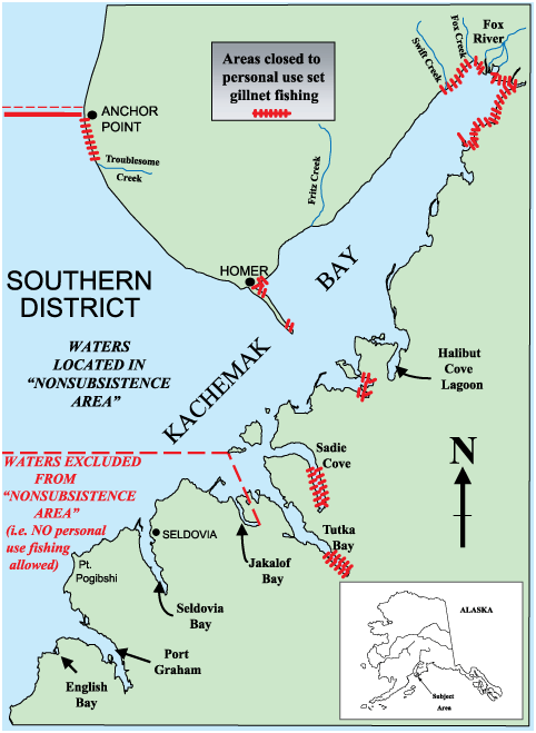 map of Kachemak Bay with areas closed to personal use set gillnet fishing indicated