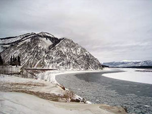 River ice on the Yukon in front of Eagle, Alaska.
