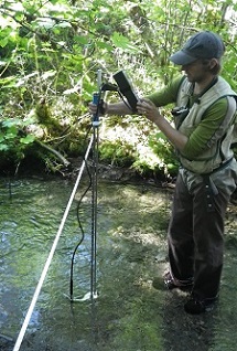 habitat biologist taking stream discharge measurement