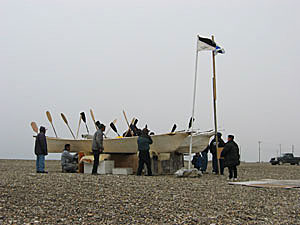 Umiaqs at Point Hope during the celebration of a successful bowhead whaling season