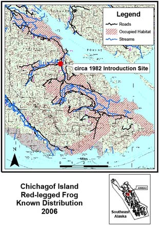 Known distribution of red-legged frogs on Chichagof Island 2006